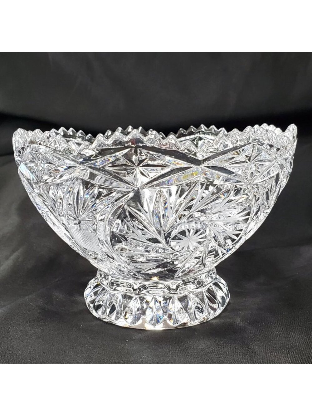American Brilliant 24% Lead Glass Crystal Pedestal Bowl Pinwheel Star Sawtooth